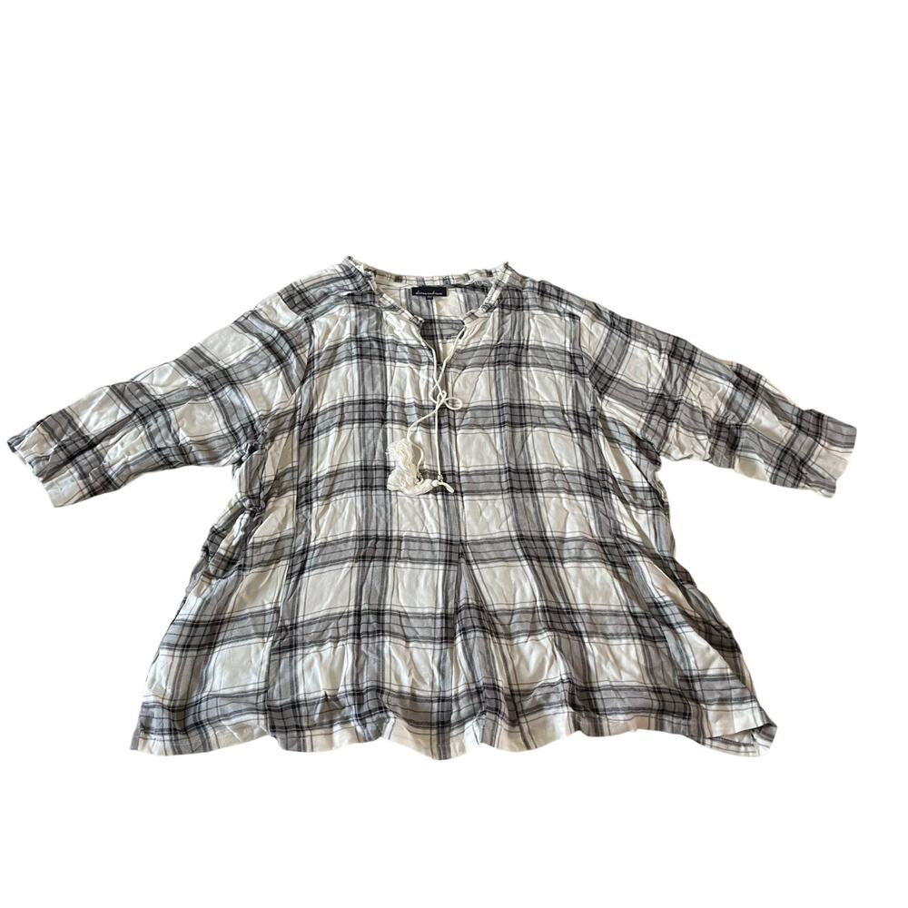 White Grey Plaid Tassel Detail Loose Blouse Plus Sz 2X Casual